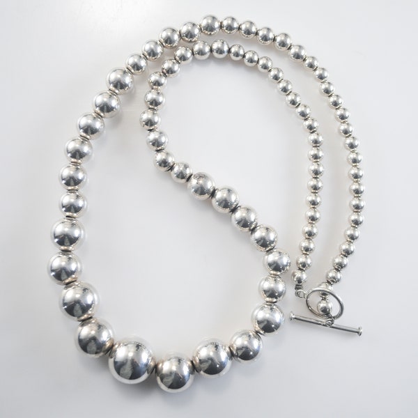 925 Thailand Sterling Silver Graduated Bead Ball Choker Necklace, 23 1/2 Inches