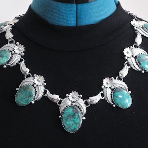Vintage Signed Navajo Sterling Silver Turquoise Bib Necklace