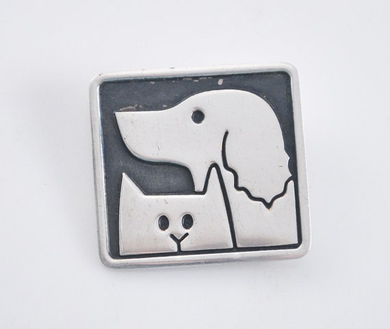 Cute Signed Sterling Silver Dog Cat Brooch - image 1