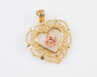 14K Gold Filagree Flower Heart Pendant