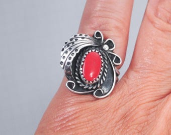 Anello Navajo in argento sterling con corallo vintage