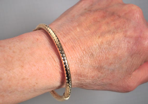 Signed 14K Gold Spring Hinge Bangle Bracelet - image 11