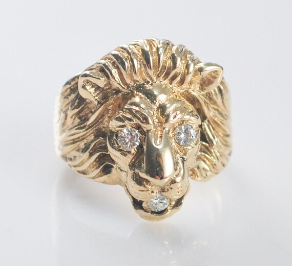 14K Gold Diamond Lion Head Ring - image 1