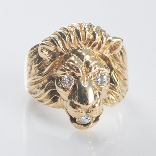 14K Gold Diamond Lion Head Ring
