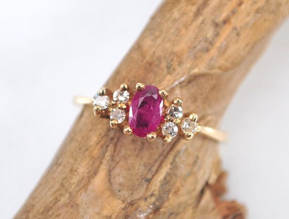Small Size 14K Gold Ruby Diamond Ring - image 2