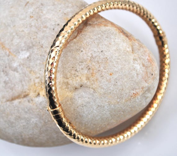 Signed 14K Gold Spring Hinge Bangle Bracelet - image 2