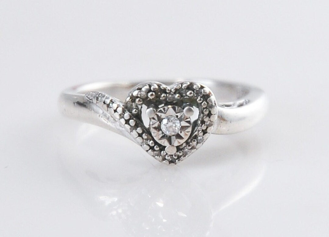 Designer Sterling Silver Diamond Heart Ring Size 7 Etsy