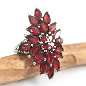 Könnte beinhalten: Ein silberner Ring mit einem floralen Design, das zahlreiche oval geschliffene, tiefrote Edelsteine zeigt. Das Ringband ist mit kleineren, klaren Steinen verziert. Die Fassung ist silberfarben.
