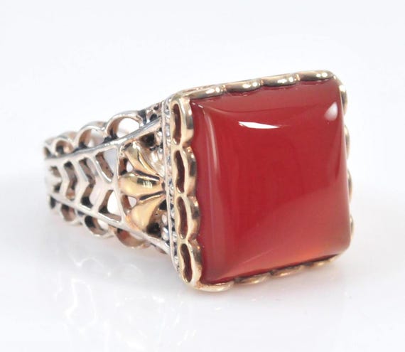 Chunky Two Tone Sterling Silver Carnelian Ring