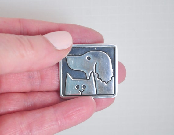 Cute Signed Sterling Silver Dog Cat Brooch - image 5