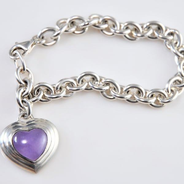 925 CNA Thailand Sterling Silver Purple Jade Heart Tag Rolo Bracelet