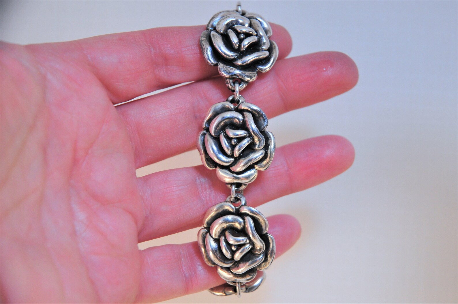 Vintage Sterling Silver Electroform Rose Bracelet Large 3D Etsy
