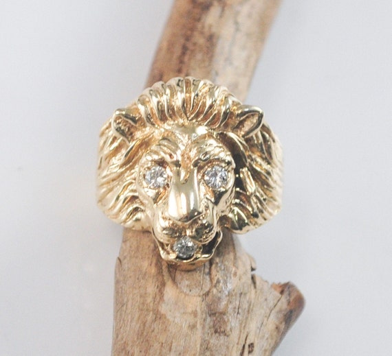 14K Gold Diamond Lion Head Ring - image 2