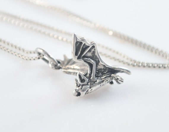 Sterling Silver Flying Bat Pendant Necklace - image 1