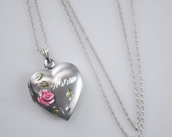 Vintage Sterling Silver Floral Mom Heart Locket Necklace