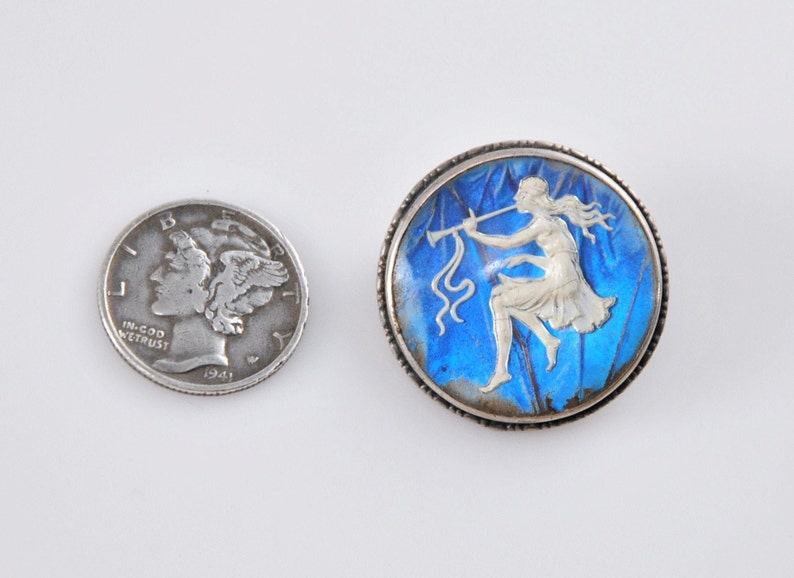 Antique England Morpho Butterfly Wing Sulfide Nymph Sterling Silver Brooch