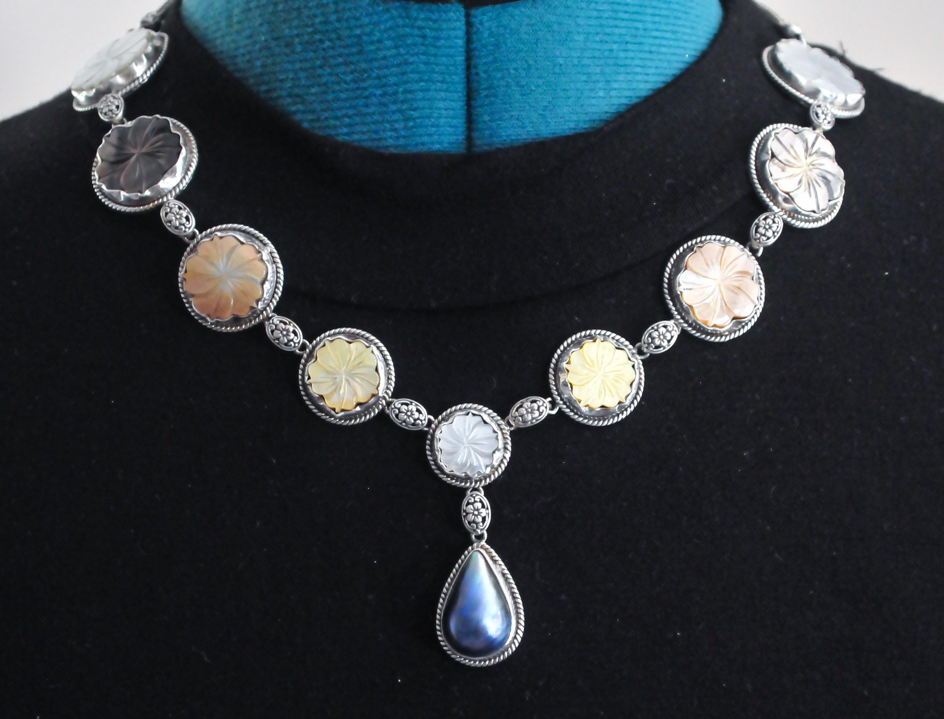 Collier Ancien Plastron Chaîne Et Nacre - Vintage Années 80 - Style Bohème Chic - Argenté