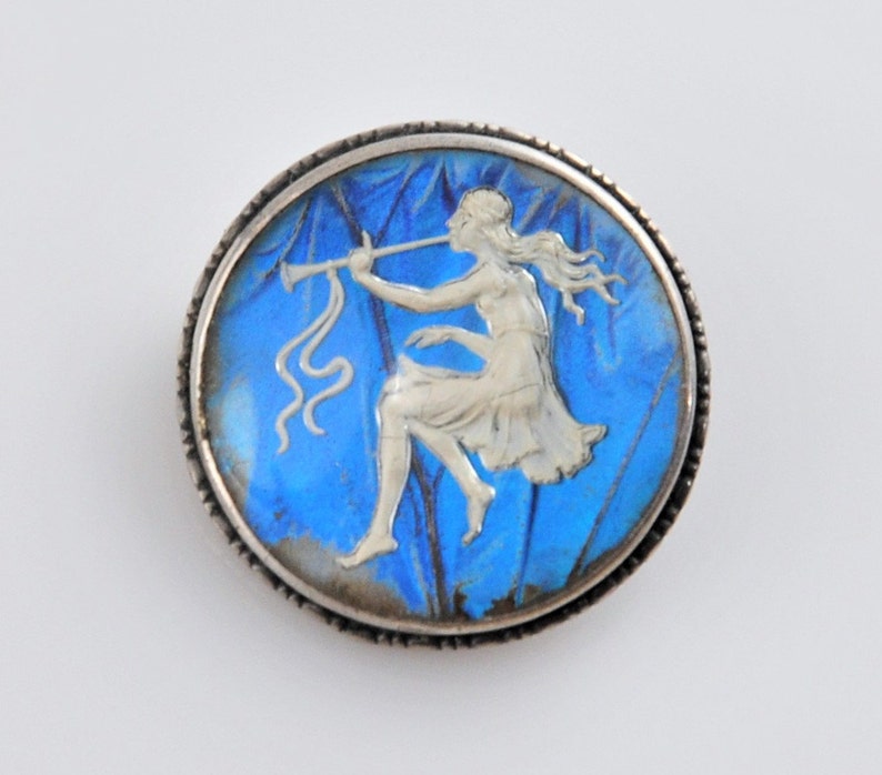 Antique England Morpho Butterfly Wing Sulfide Nymph Sterling Silver Brooch