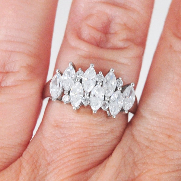 Designer 925 Sterling Silver Marquise CZ Cocktail Ring Size 7 1/2