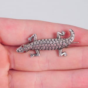 May include: A silver lizard brooch with red rhinestone eyes. The lizard is detailed with a textured, scaly body.