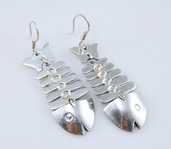 Vintage Taxco Sterling Silver Fish Skeleton Earrin