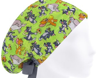 Gorro quirúrgico con estampado de gato y ratón, gorro quirúrgico para mujer para enfermera o doctora veterinaria.