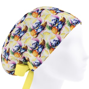 Gorro quirúrgico de enfermera con estampado de piña de dibujos animados, gorro quirúrgico europeo para mujer ajustable con cintas.
