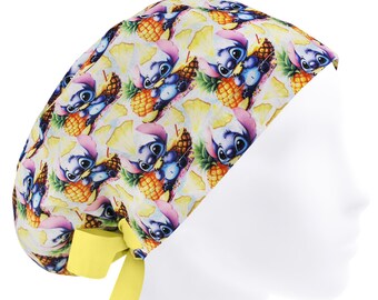 Gorro quirúrgico de enfermera con estampado de piña de dibujos animados, gorro quirúrgico europeo para mujer ajustable con cintas.