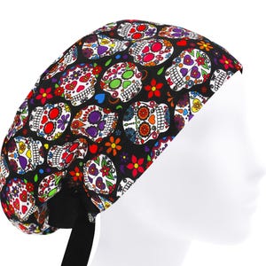 Skull Calavera Mexicana Surgical Scrub Cap, Womens Euro Surgeon Doctor Hat, Nurse Medical Bonnet