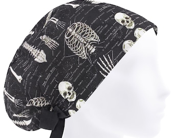 Gorro de enfermera con esqueleto y huesos de la columna vertebral, gorro quirúrgico europeo para mujer, ajustable con lazos.