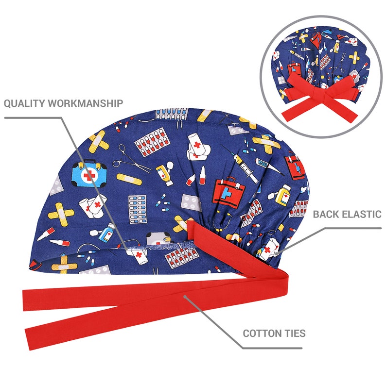 Peut inclure: Chapeau de chirurgien bleu avec un imprim&eacute; m&eacute;dical rouge et blanc. Le chapeau a une cravate rouge qui peut &ecirc;tre nou&eacute;e &agrave; l'arri&egrave;re du cou. Le chapeau est en coton et a un &eacute;lastique &agrave; l'arri&egrave;re.