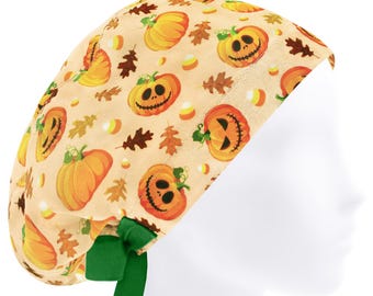 Autumn Pumpkin Surgical Cap Woman, Halloween Euro Scrub Hat for Nurse