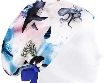 Surgical cap whale, scrub caps octopus, scrub hats for women, nurse cap underwater, marine life