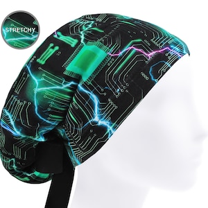 May include: A black scrub cap with a green and blue circuit board design. The cap has a stretchy material and a black band. The design includes green and blue lightning bolt patterns.