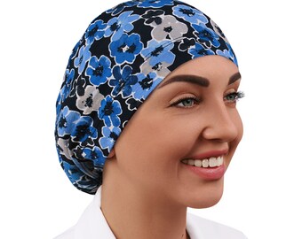 パンジー柄スクラブキャップ、伸縮性のあるスクラブキャップ、手術用キャップ、女性用スクラブハット、柔らかい手術用キャップ、花柄ナースハット
