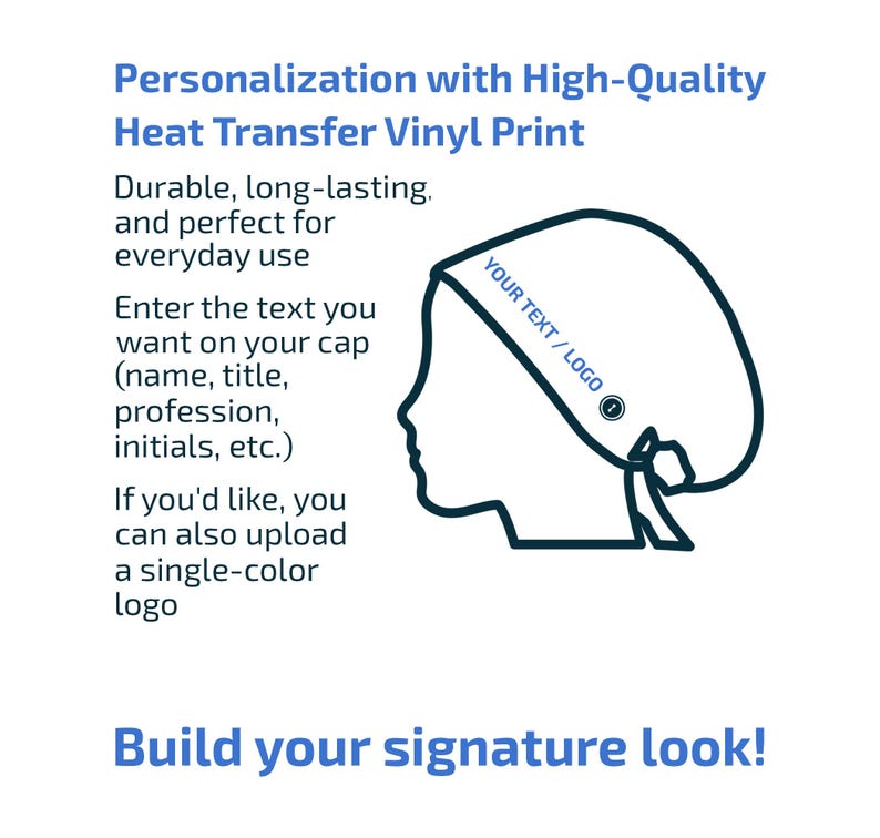 K&ouml;nnte beinhalten: Eine dunkelblaue Strichzeichnung einer OP-Haube auf einem Kopfprofil. Der Text lautet: Personalization with High-Quality Heat Transfer Vinyl Print, Durable, long-lasting, and perfect for everyday use, Enter the text you want on your cap, If you'd like, you can also upload a single-color logo, YOUR TEXT / LOGO, Build your signature look!