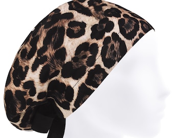 Czepek chirurgiczny w panterkę dla kobiet, czepek chirurgiczny dla zwierząt, czapka pielęgniarska w panterkę z wiązaniem
