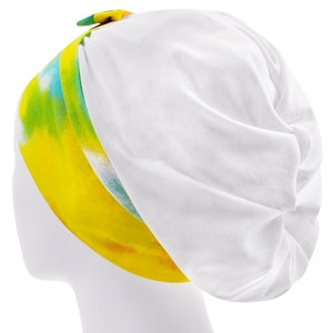 Tie Dye - White Jersey Nurse Hat, High / Low Bun Bonnet Surgical Scrub Cap Women