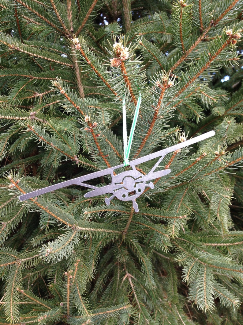 Single Prop Airplane Metal Ornament, Front View, Christmas Ornament, Holiday Decor image 1