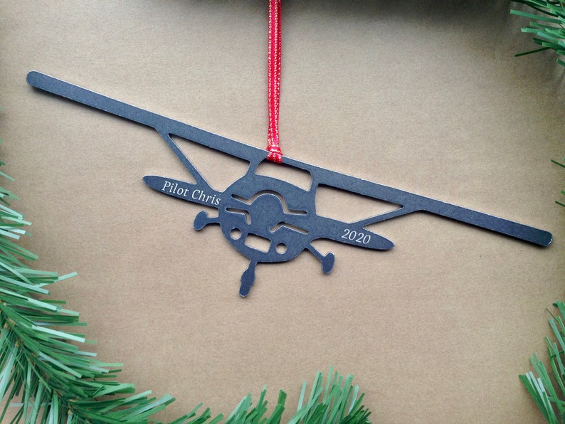 Single Prop Airplane Metal Ornament, Front View, Christmas Ornament, Holiday Decor image 3