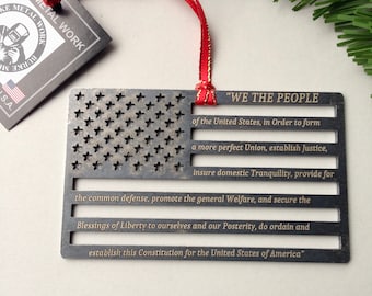 American Flag with Constitution Preamble Steel Ornament