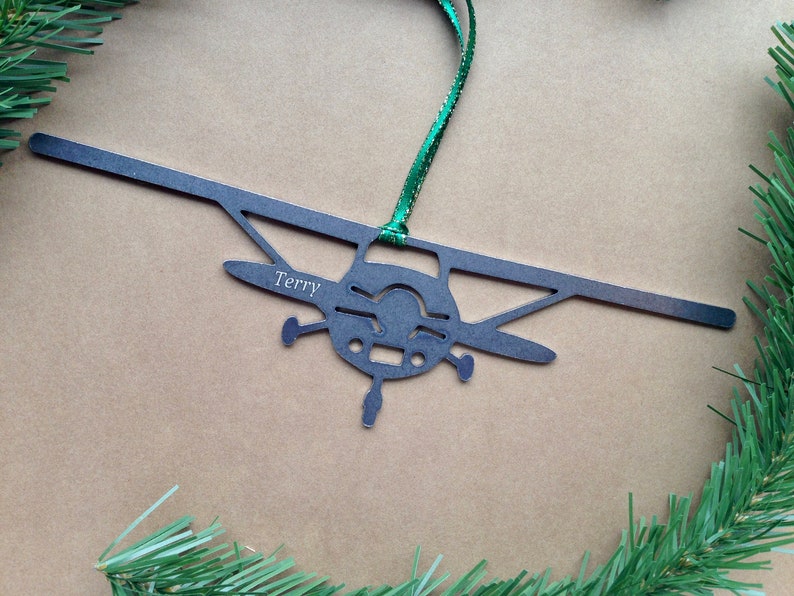 Single Prop Airplane Metal Ornament, Front View, Christmas Ornament, Holiday Decor image 2