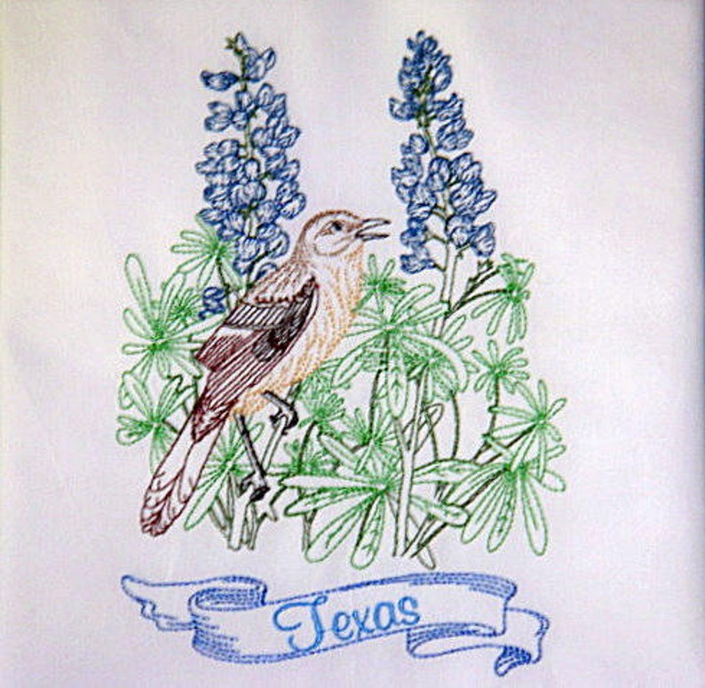 Texas Mockingbird and State Flower Embroidered Etsy
