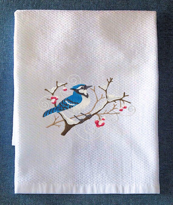 Blue Jay And Winter Branch Spray Embroidered Kitchen Towel Etsy