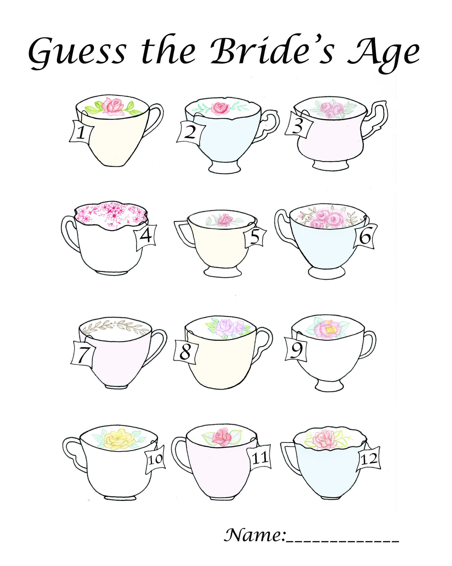 Bridal Shower Game, Guess the Bride's Age Answer Sheet, High Tea Teacup ...