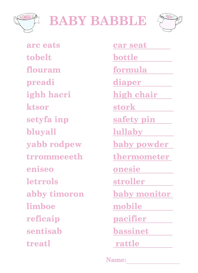 Baby Shower Game Baby Babble, Word Scramble, Fun High Tea Teacup Floral ...