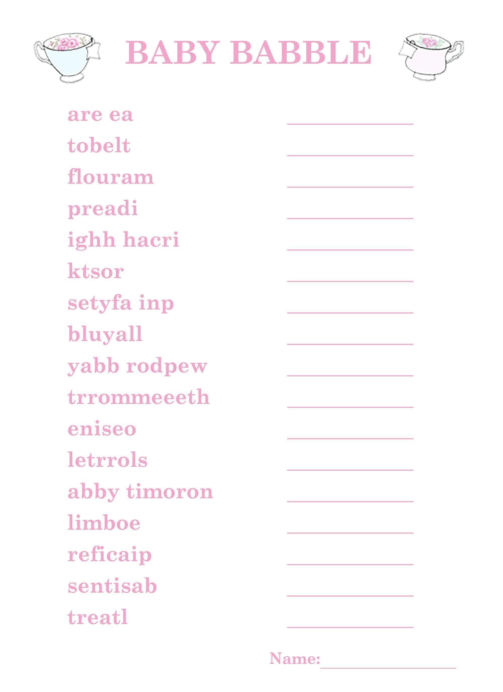 Baby Shower Game Baby Babble, Word Scramble, Fun High Tea Teacup Floral ...