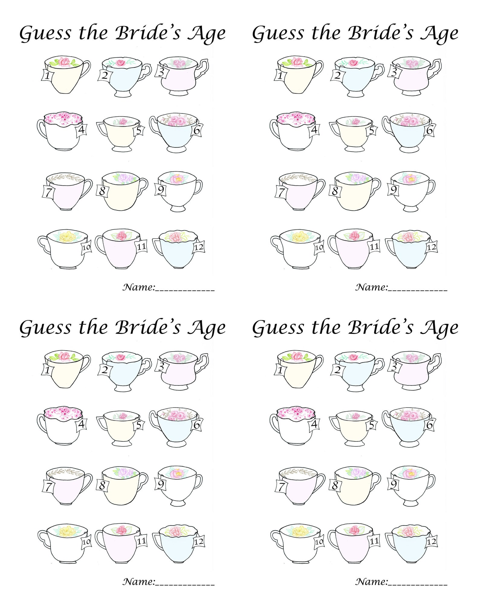 Bridal Shower Game, Guess the Bride's Age Answer Sheet, High Tea Teacup ...