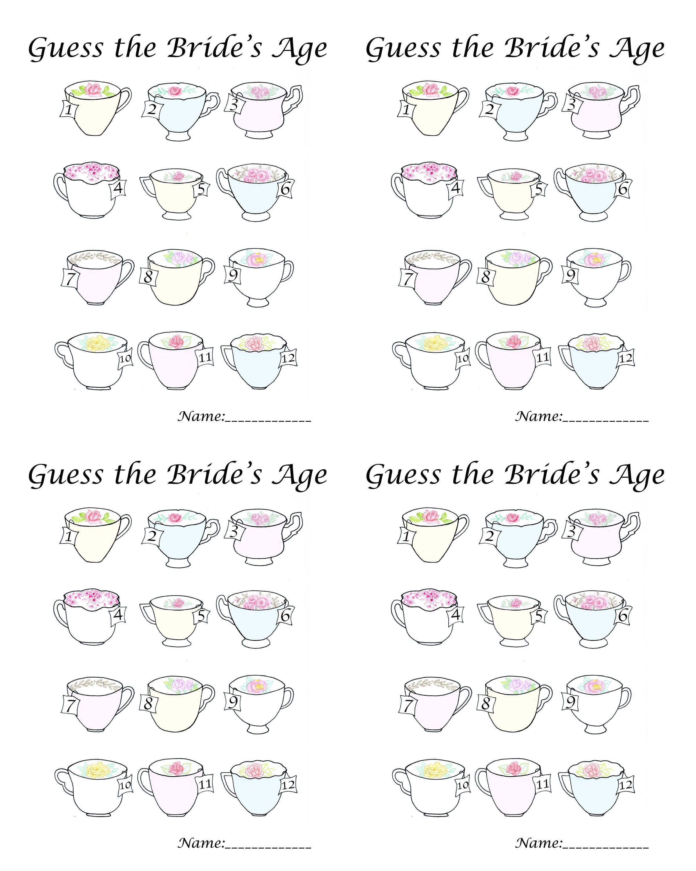 Bridal Shower Game, Guess the Bride's Age Answer Sheet, High Tea Teacup ...