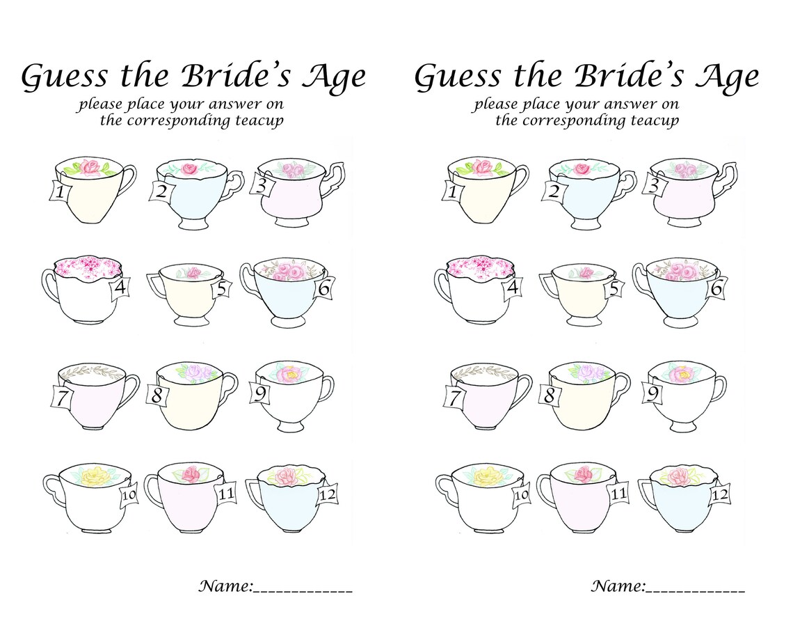 Bridal Shower Game, Guess the Bride's Age Answer Sheet, High Tea Teacup ...
